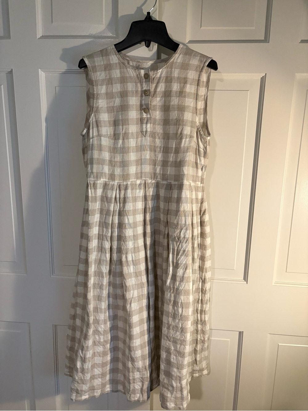 Sleeveless Beige and White Gingham Linen June Dress- Hand Pleated Skirt